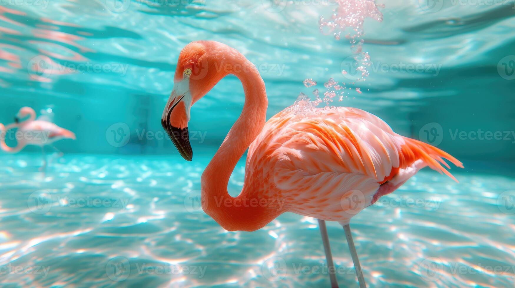 ai generiert komisch unter Wasser Szene Flamingo im Schwimmbad Theaterstücke tief tauchen Aktion, ai generiert. foto