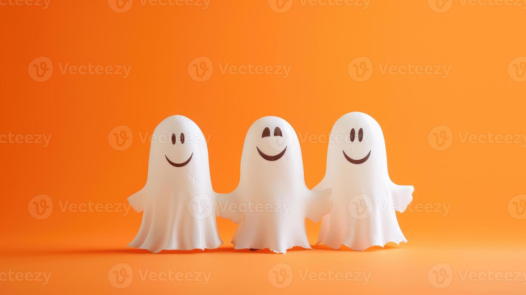 ai generiert glücklich Halloween Urlaub Konzept mit komisch Kürbis und Geister auf Orange Hintergrund, ai generiert foto