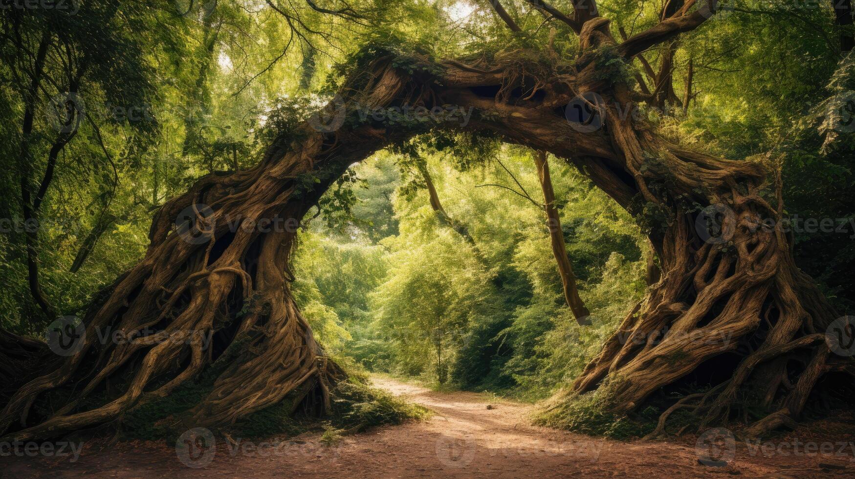 ai generiert im das Wald, Geäst bilden ein natürlich Torbogen, ai generiert foto