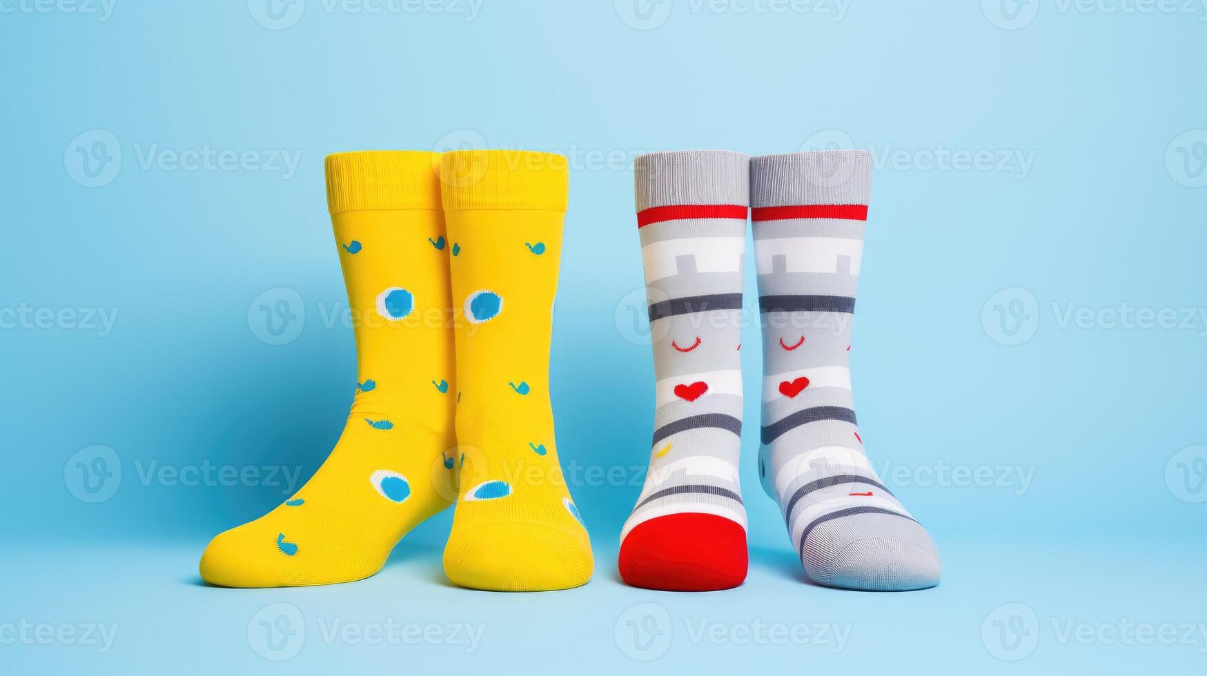 ai generiert zwei nicht übereinstimmend Socken auf ein bunt Gelb und Licht Blau geometrisch gestalten Hintergrund, ein Ode zu Individualität. ai generiert. foto