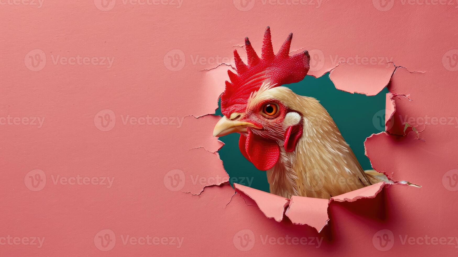 ai generiert ein humorvoll Hähnchen Gleichaltrigen durch ein zerrissen Loch im ein Kontrast Pastell- Farbe Papier Hintergrund, ai generiert foto