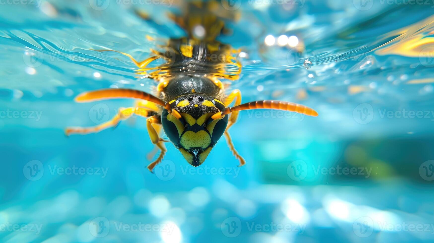 ai generiert komisch unter Wasser Szene Wespe im Schwimmbad Theaterstücke tief tauchen Aktion, ai generiert. foto