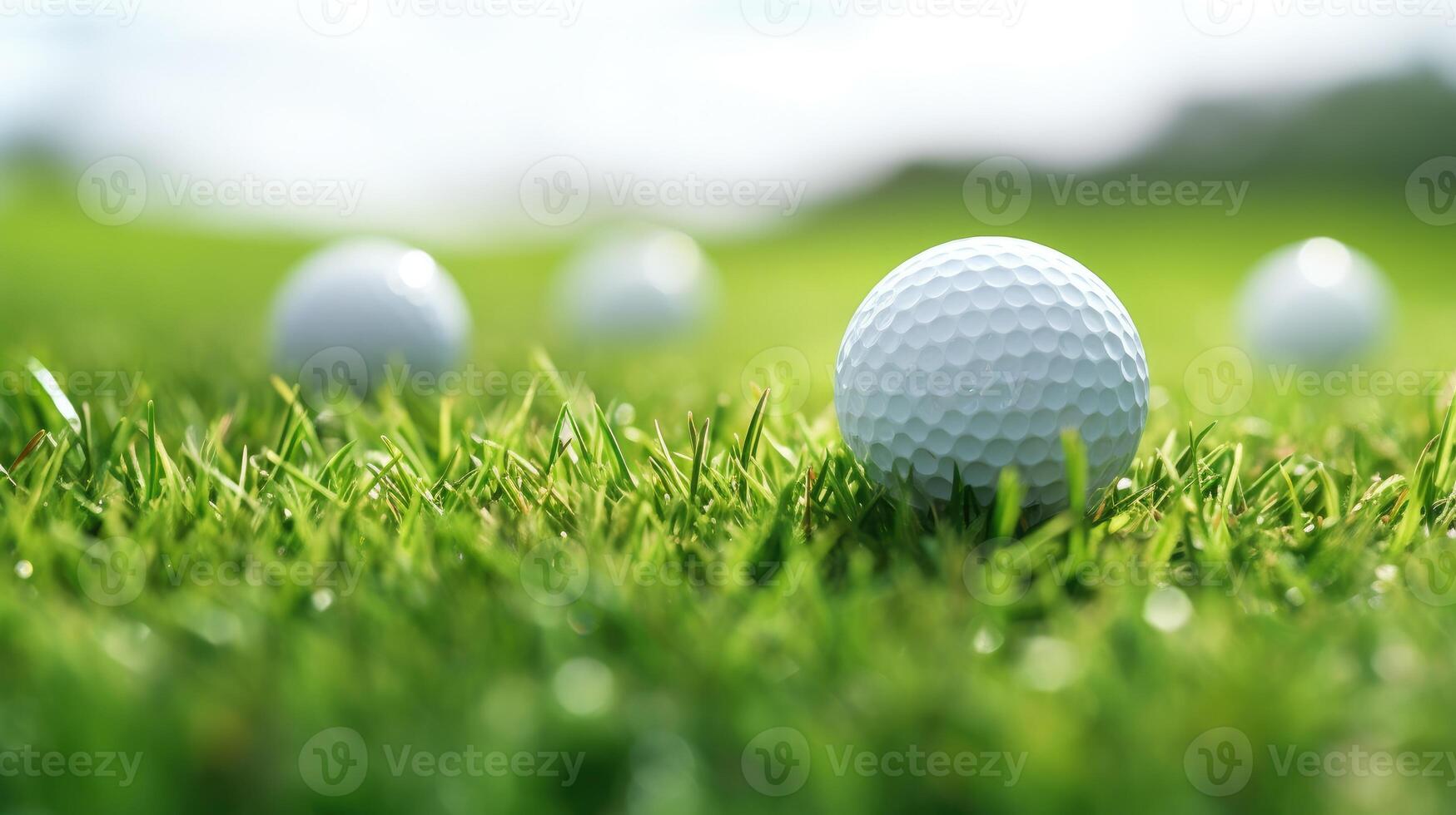 ai generiert ein Nahansicht von ein Golf Ball eingebettet auf das üppig Gras Feld, Erfassen das Eleganz und Fokus von das Sport. ai generiert. foto