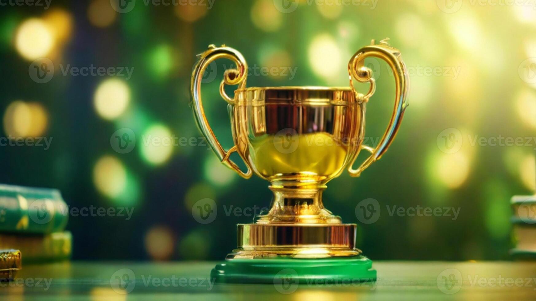 ai generiert golden Tasse vergeben Preis- Trophäe zum Gewinner Champion Wettbewerb Kopieren Raum zum Text auf Bokeh Hintergrund foto