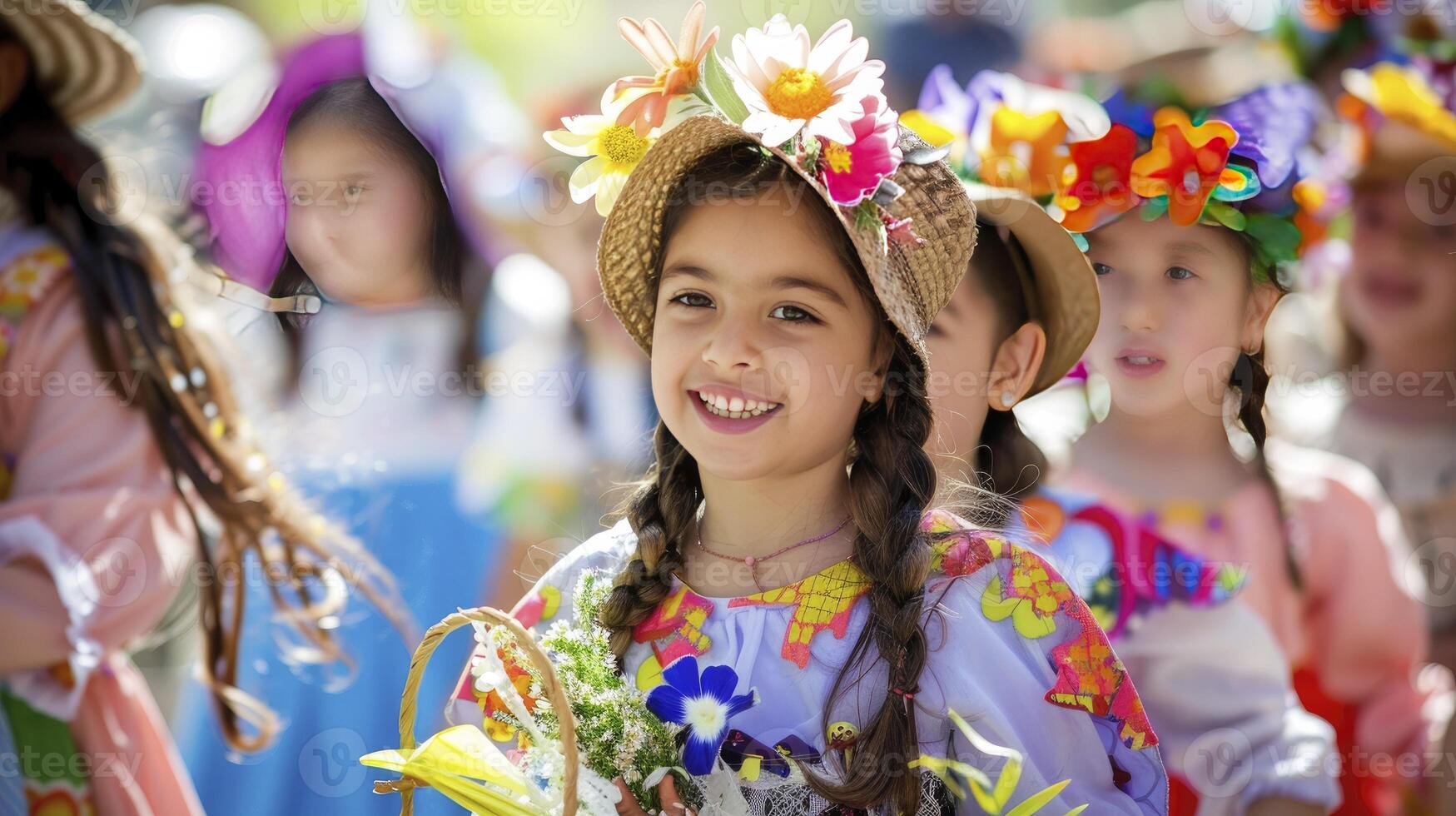 ai generiert ein Mädchen lächelt und tragen bunt Blumen auf ihr Kopf während ein draussen Festival im Frühling foto