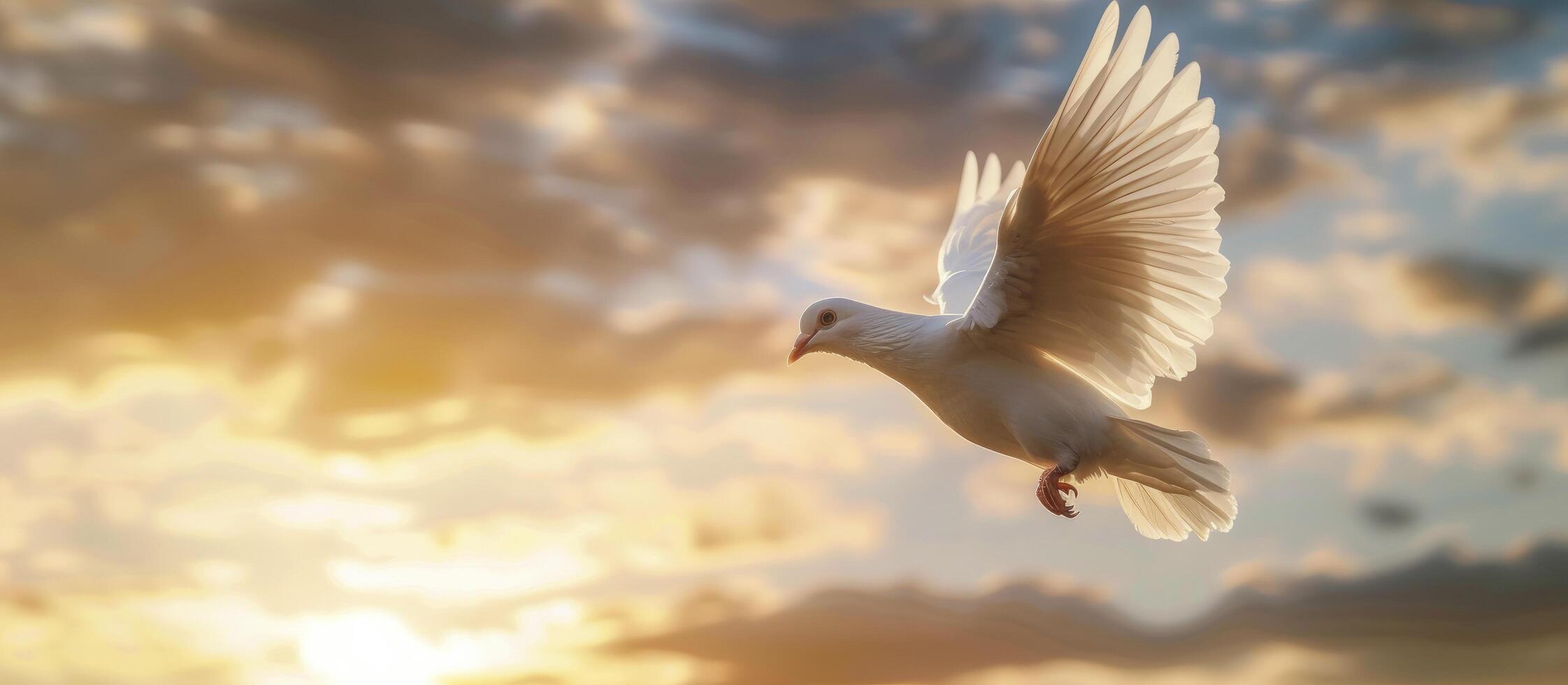 ai generiert Symbol von Frieden. ein Weiß Taube hochfliegend mit Freiheit inmitten Sonnenuntergang breit Himmel Hintergrund. foto