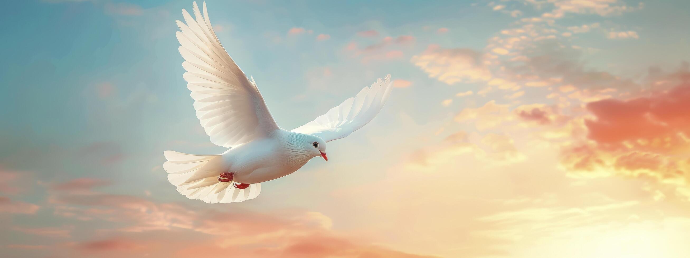 ai generiert Symbol von Frieden. ein Weiß Taube hochfliegend mit Freiheit inmitten Sonnenuntergang breit Himmel Hintergrund. foto