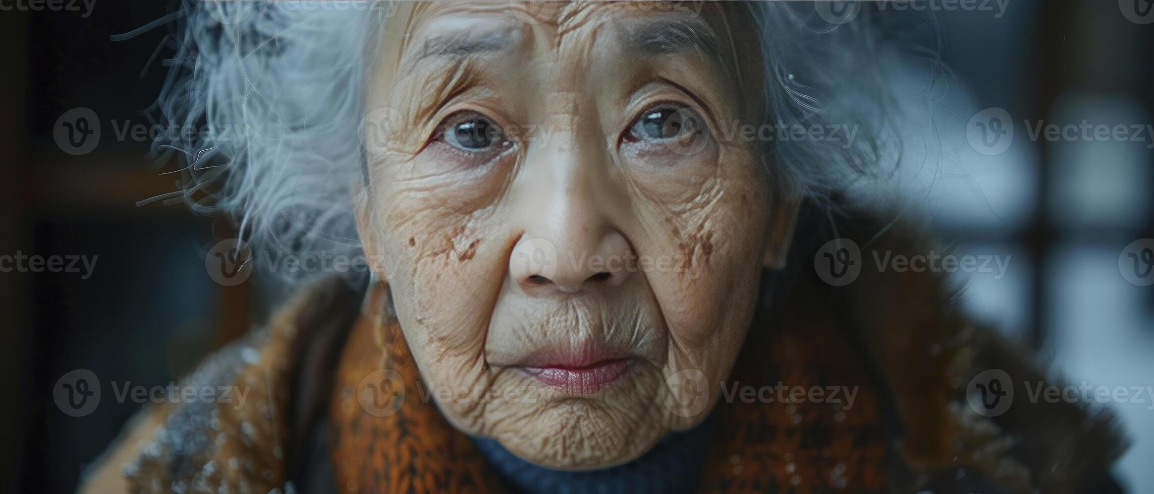 ai generiert anmutig Weisheit. Porträt von ein asiatisch Alten weiblich, reflektieren ein Lebenszeit von Erfahrung und Widerstandsfähigkeit. foto