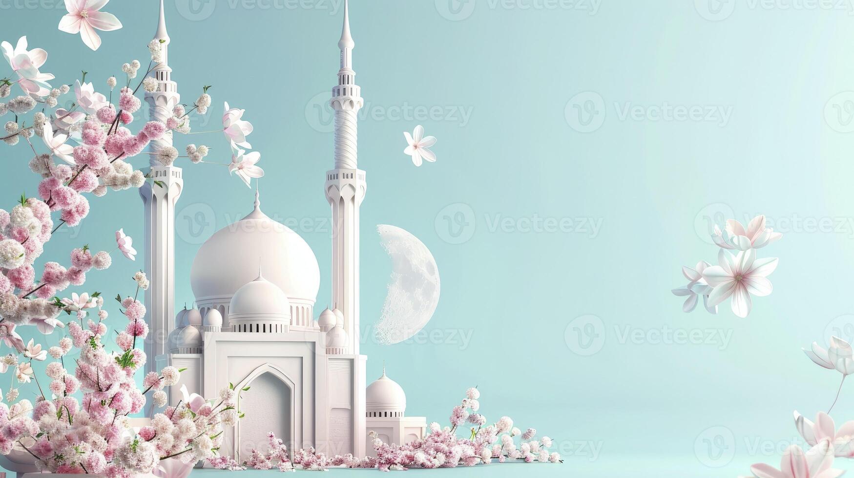 ai generiert Moschee und Mond mit Blumen gegen Blau Hintergrund foto