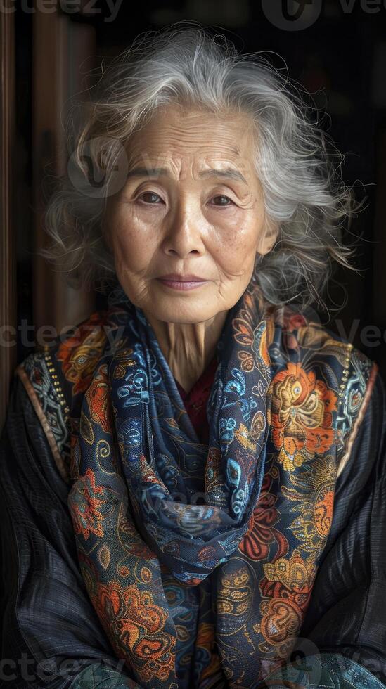 ai generiert anmutig Weisheit. Porträt von ein asiatisch Alten weiblich, reflektieren ein Lebenszeit von Erfahrung und Widerstandsfähigkeit. foto
