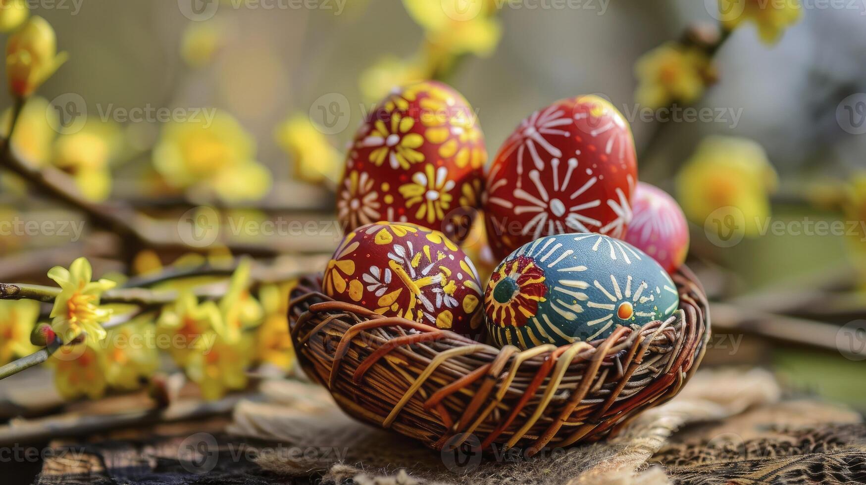 ai generiert bunt Ostern Eier im ein Korb auf ein rustikal hölzern Tabelle mit Gelb Blumen, mit ein verschwommen Hintergrund foto