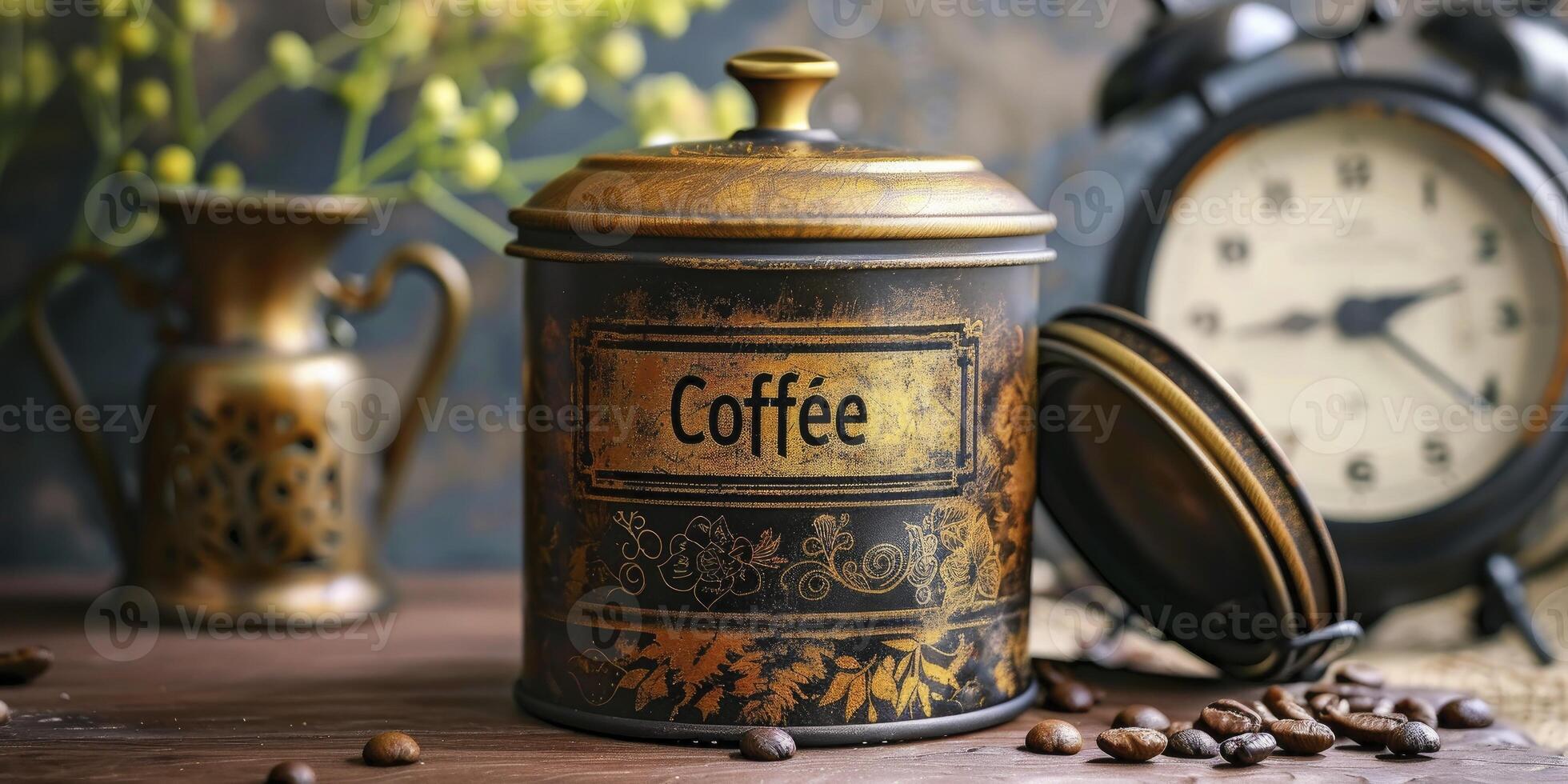 ai generiert Jahrgang Charme, klassisch Tee Antiquität Zinn umfunktioniert mit das Text Kaffee foto