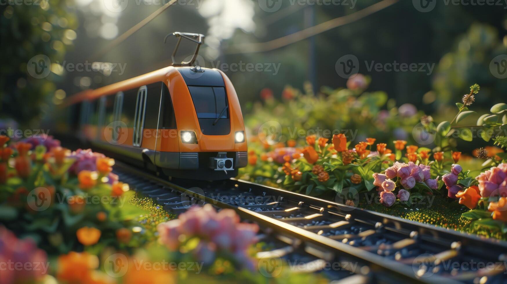 ai generiert städtisch Oase. Metro Zug gleiten auf Spuren, umgeben durch Blumen und Grün Gras, Erstellen ein unerwartet Oase im das Herz von das Stadt. foto
