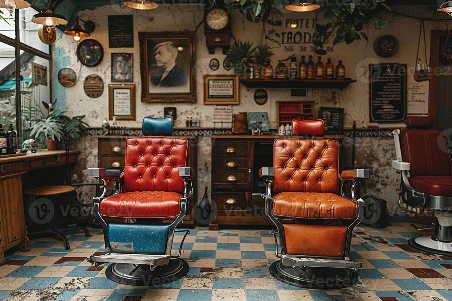 ai generiert Jahrgang Friseur Innere mit klassisch Stühle und nostalgisch Dekor foto