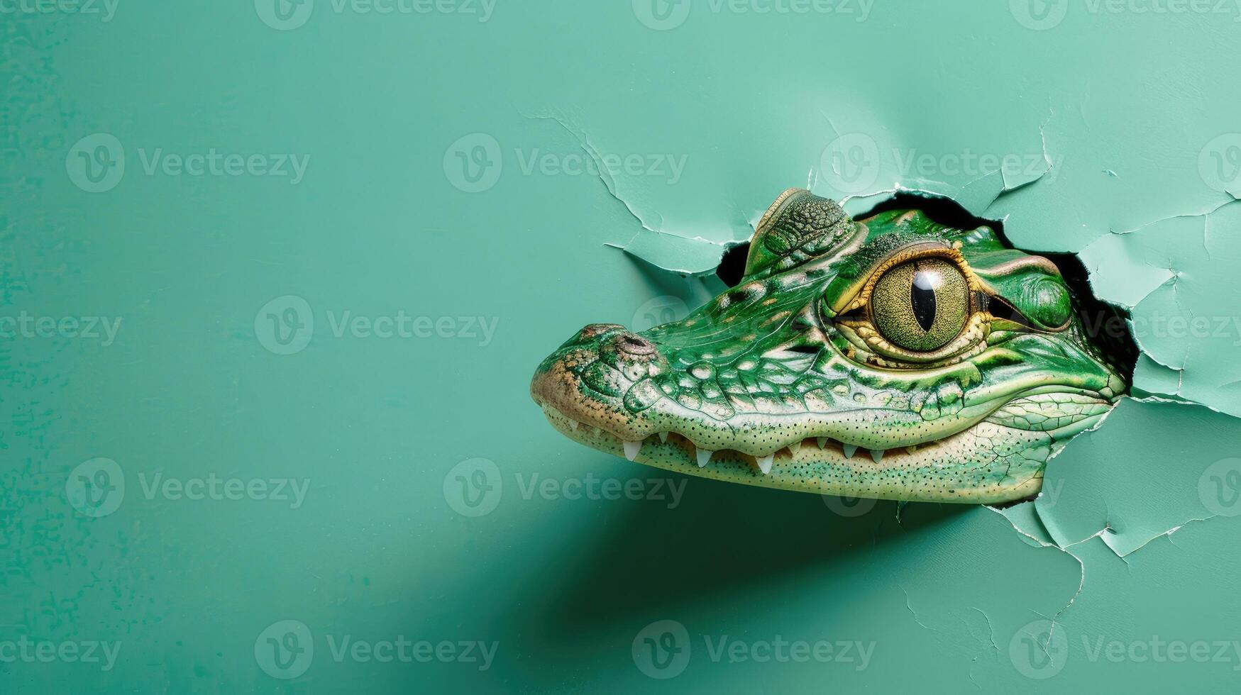 ai generiert ein humorvoll Alligator Gleichaltrigen durch ein zerrissen Loch im ein Kontrast Pastell- Farbe Papier Hintergrund, ai generiert foto