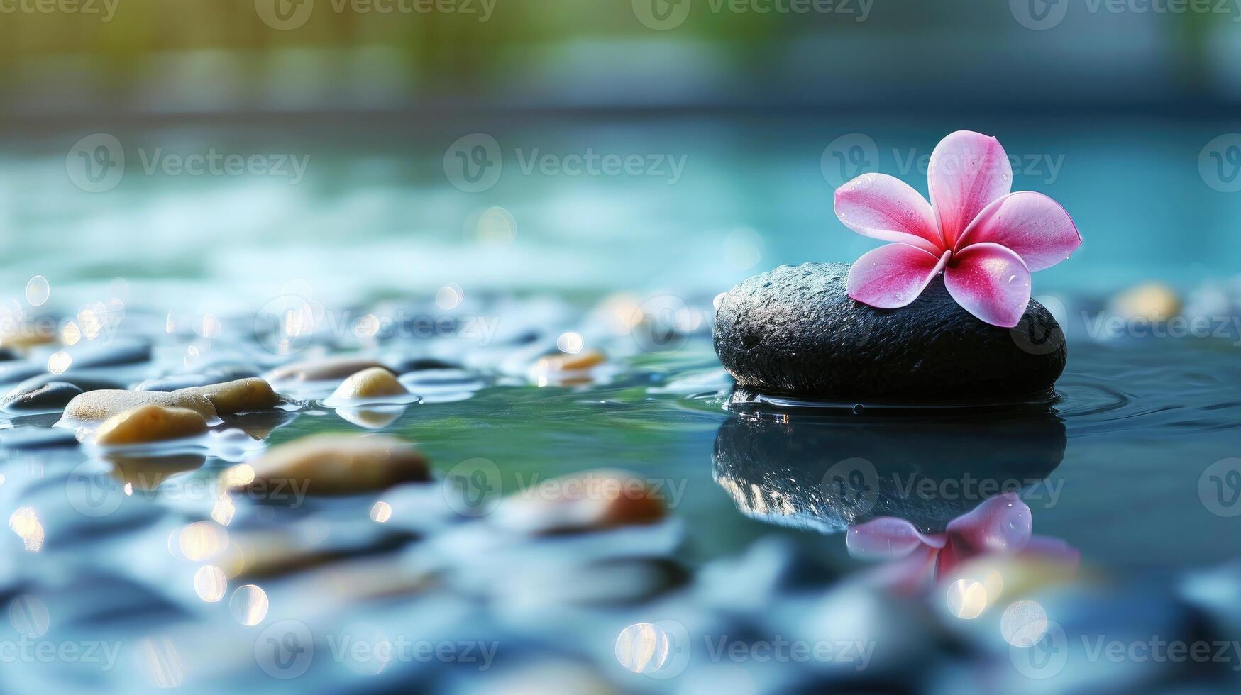 ai generiert still Wellness Design mit ein Blume auf ein wassergeküsst Stein, ein heiter Oase von Schönheit. ai generiert foto
