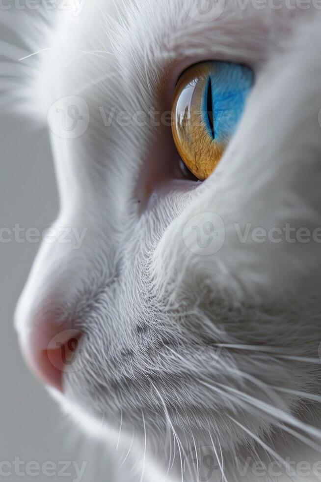 ai generiert süß Weiß Katze einer Auge ist golden und das andere Auge hat Saphir Blau abnormal Schüler foto