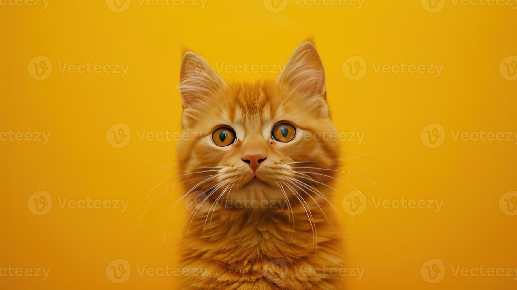 ai generiert süß wenig Orange Katze auf Gelb Hintergrund foto