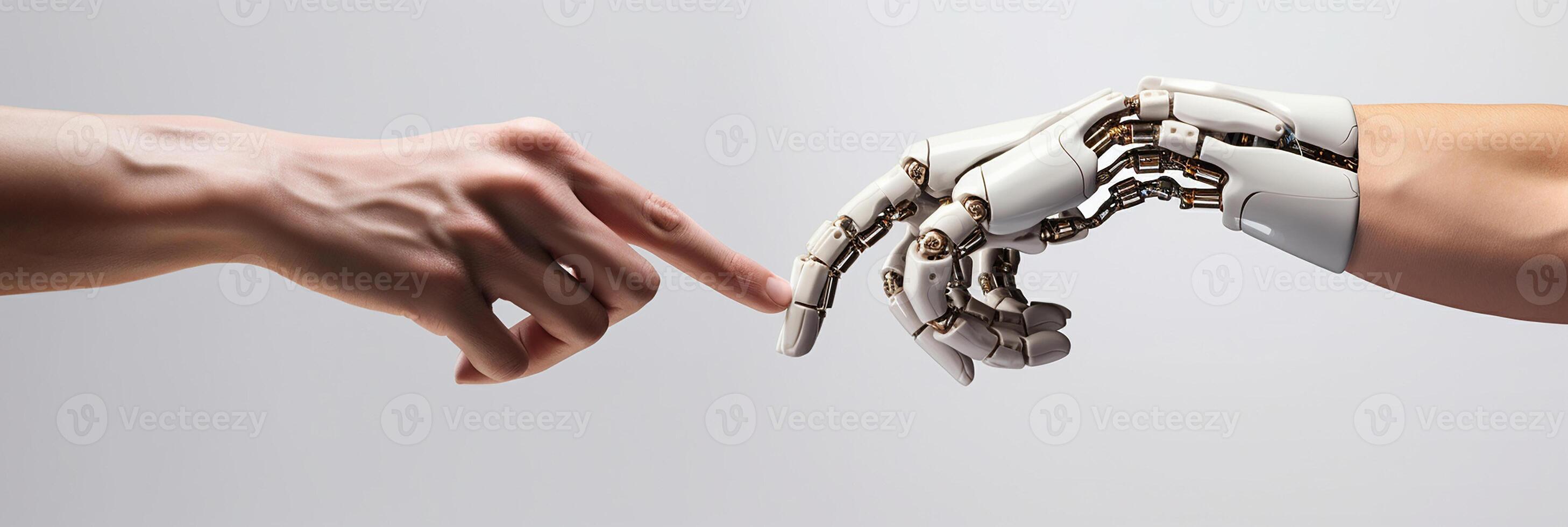 ai generiert technologisch Fortschritt, künstlich Intelligenz. Mensch Hand und Roboter Hand. foto