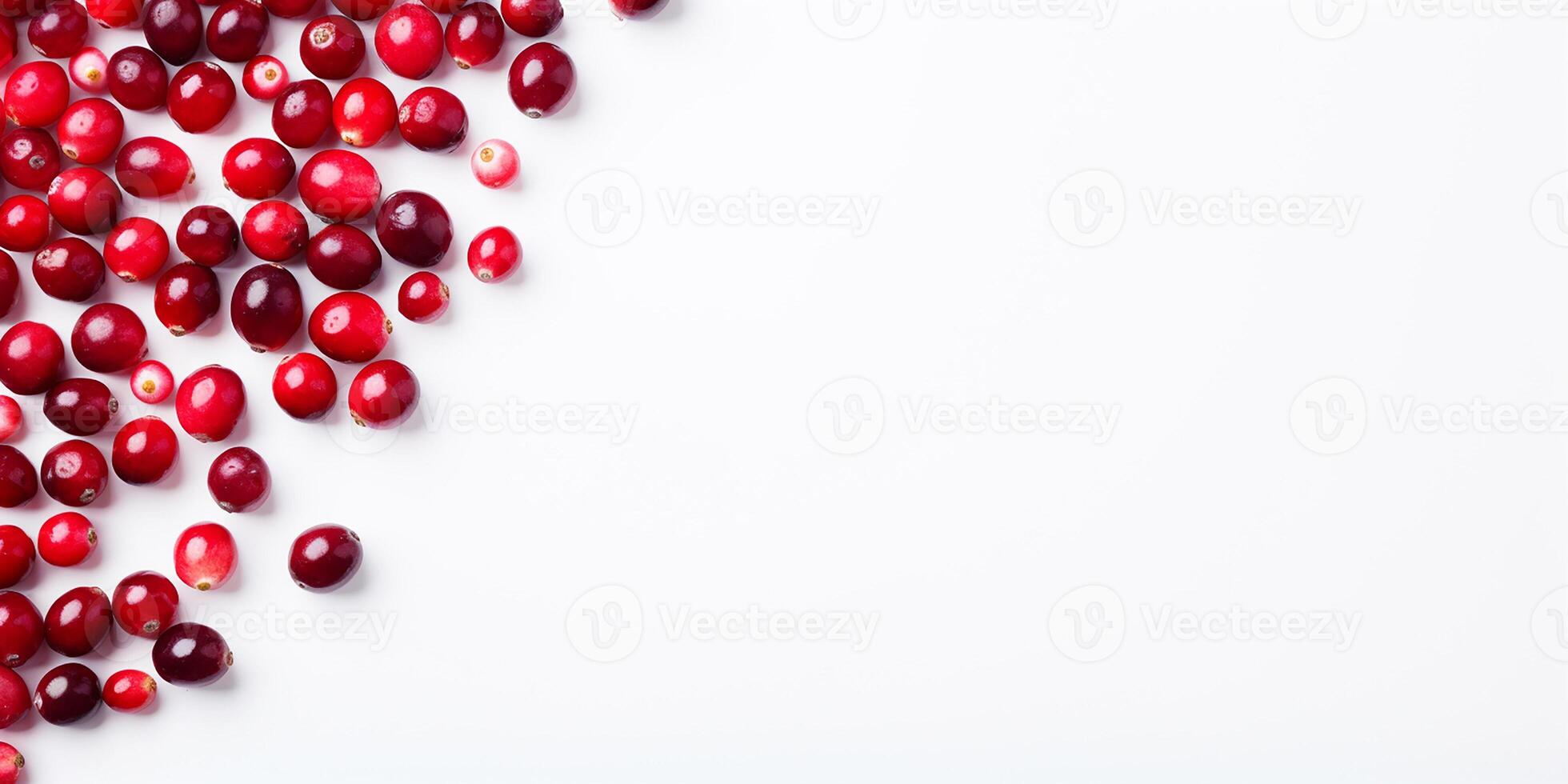 ai generiert Rahmen mit frisch Preiselbeeren auf ein Weiß Hintergrund mit Raum zum Text foto