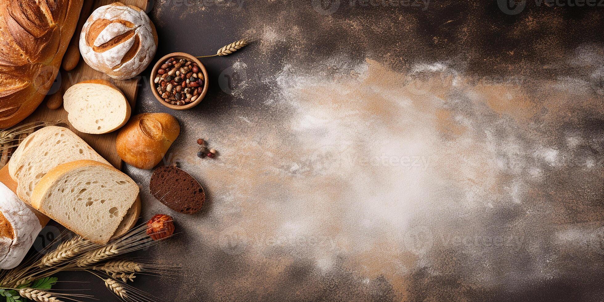 ai generiert oben Sicht. fotorealistisch Bild. Zutaten zum Backen auf ein schwarz Hintergrund. foto