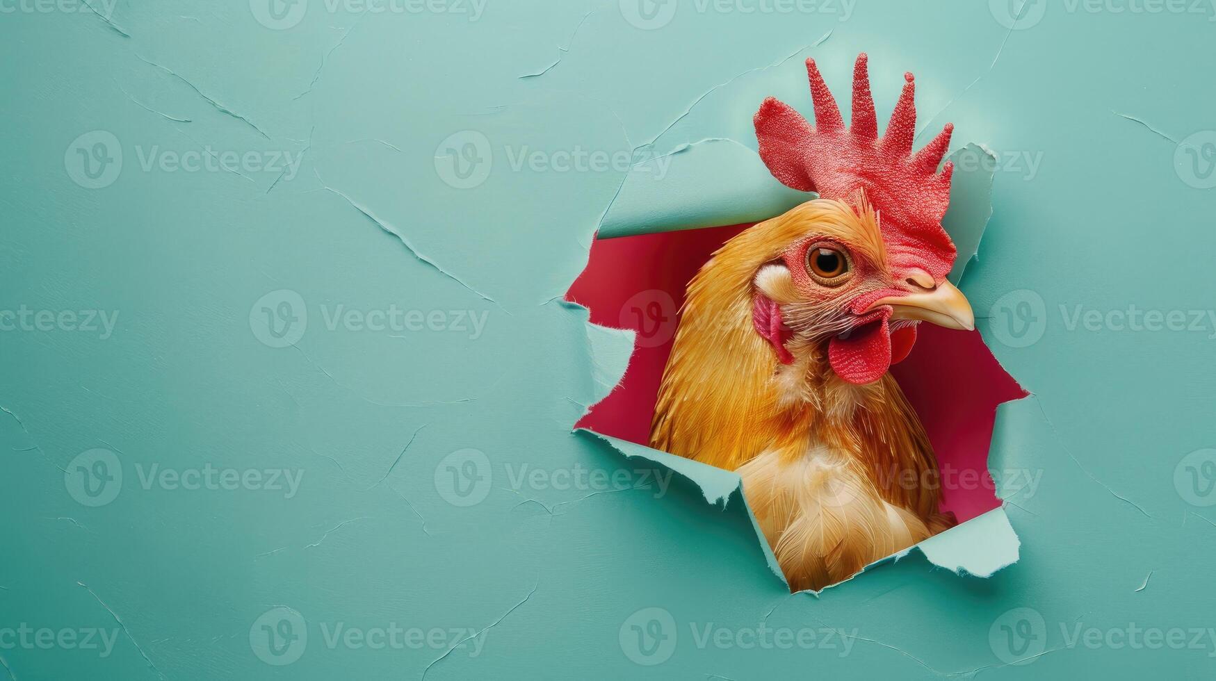 ai generiert ein humorvoll Hähnchen Gleichaltrigen durch ein zerrissen Loch im ein Kontrast Pastell- Farbe Papier Hintergrund, ai generiert foto