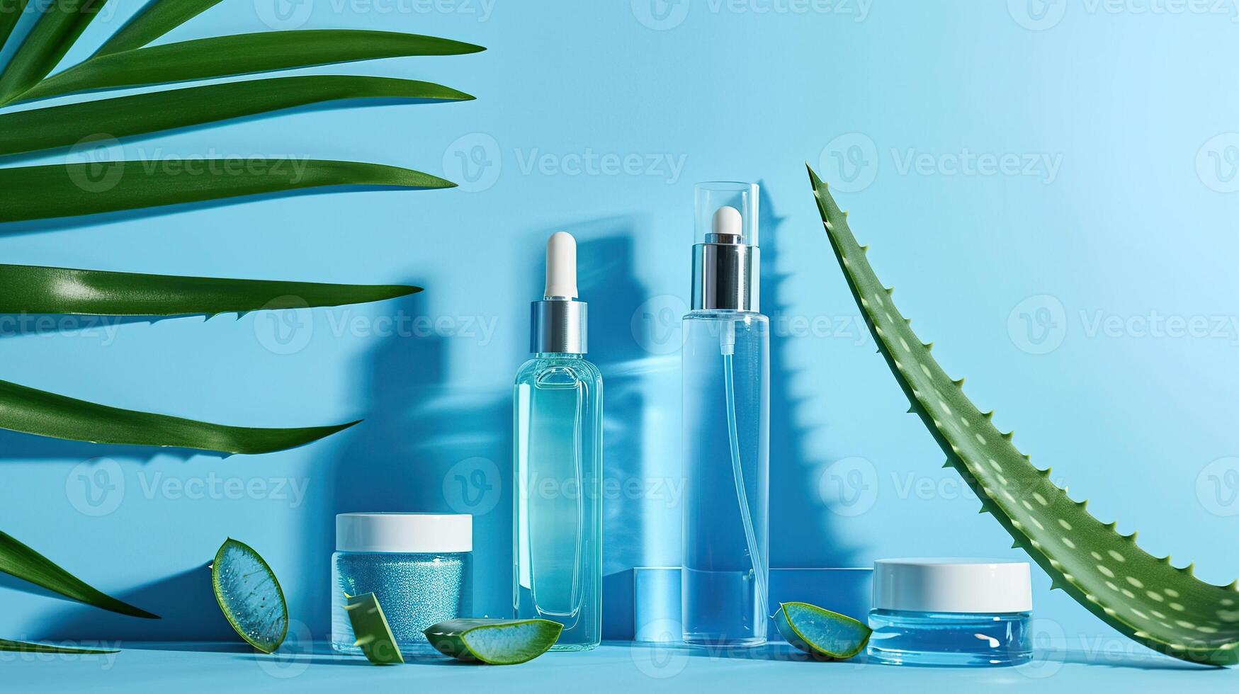 ai generiert natürlich Aloe Hautpflege eben legen, Glas Behälter, umgeben durch Aloe vera Blätter. Blau Hintergrund foto