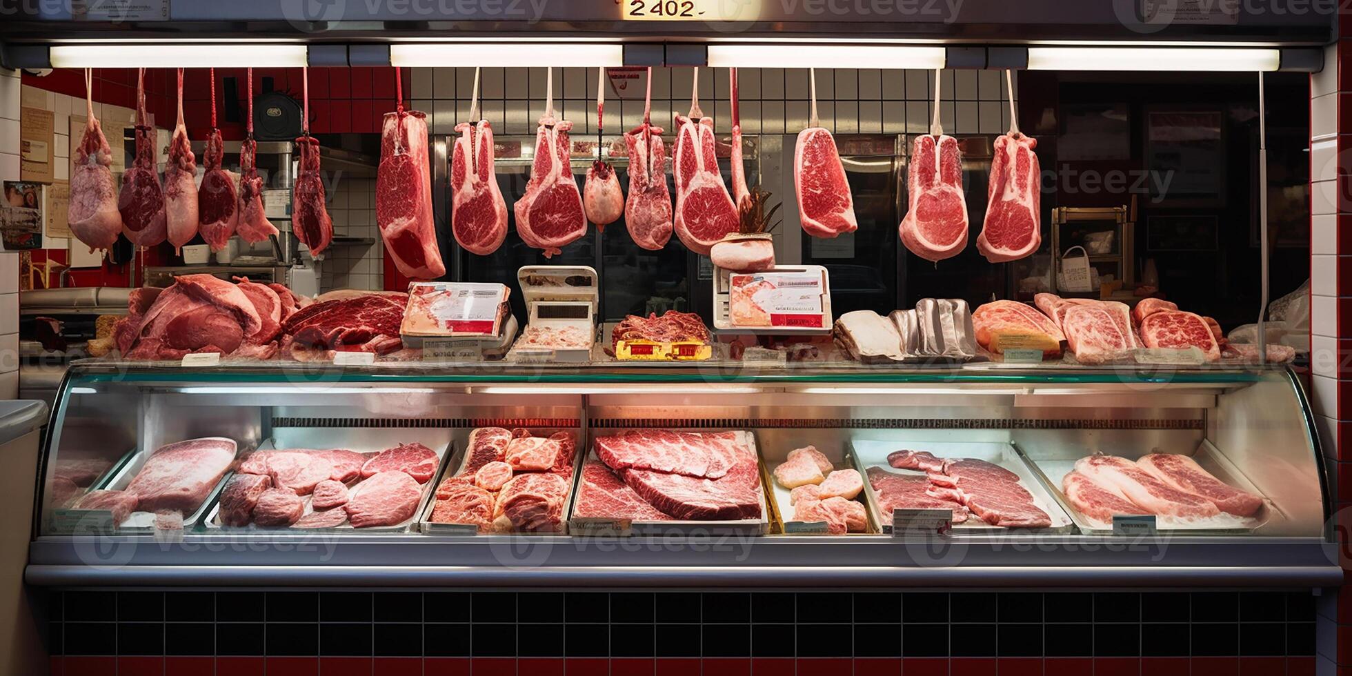 ai generiert Metzger Geschäft Fenster. das frischeste Fleisch. köstlich frisch Steaks foto