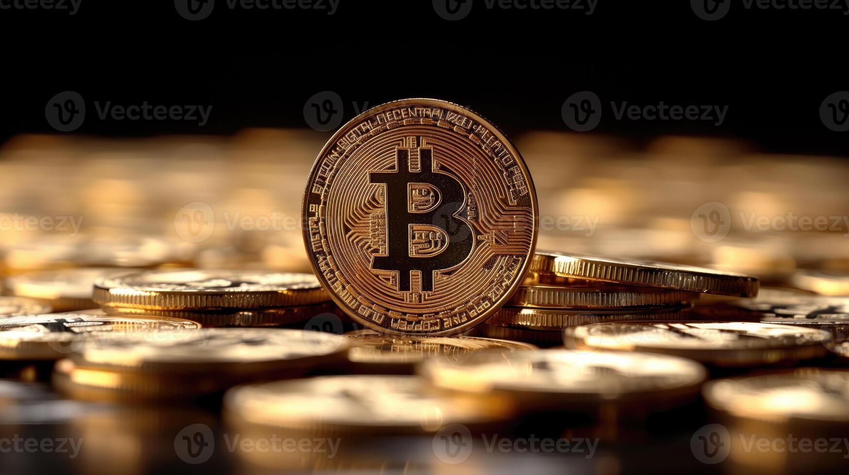 ai generiert Bitcoin Münzen auf ein dunkel Hintergrund. Bitcoin ist ein modern Weg von Austausch und diese Krypto Währung ist ein praktisch meint von Zahlung im das finanziell foto