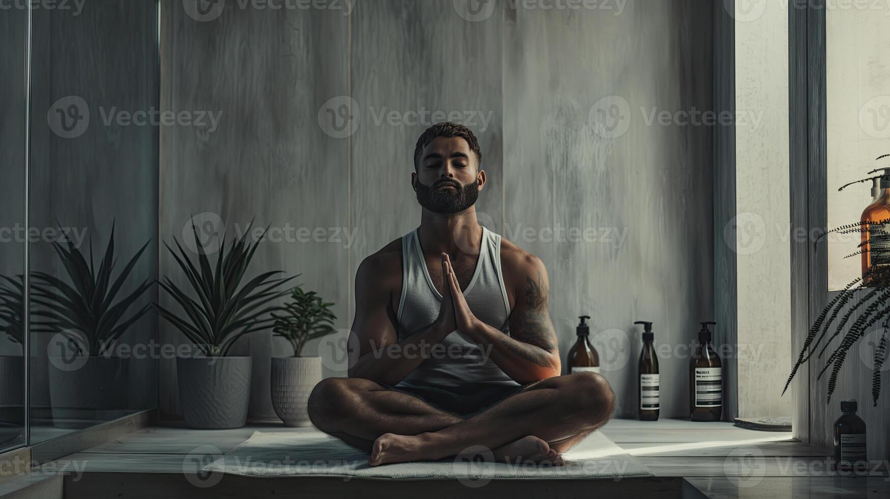 ai generiert Mann meditieren im Lotus Position im Yoga Studio. Yoga Konzept. foto