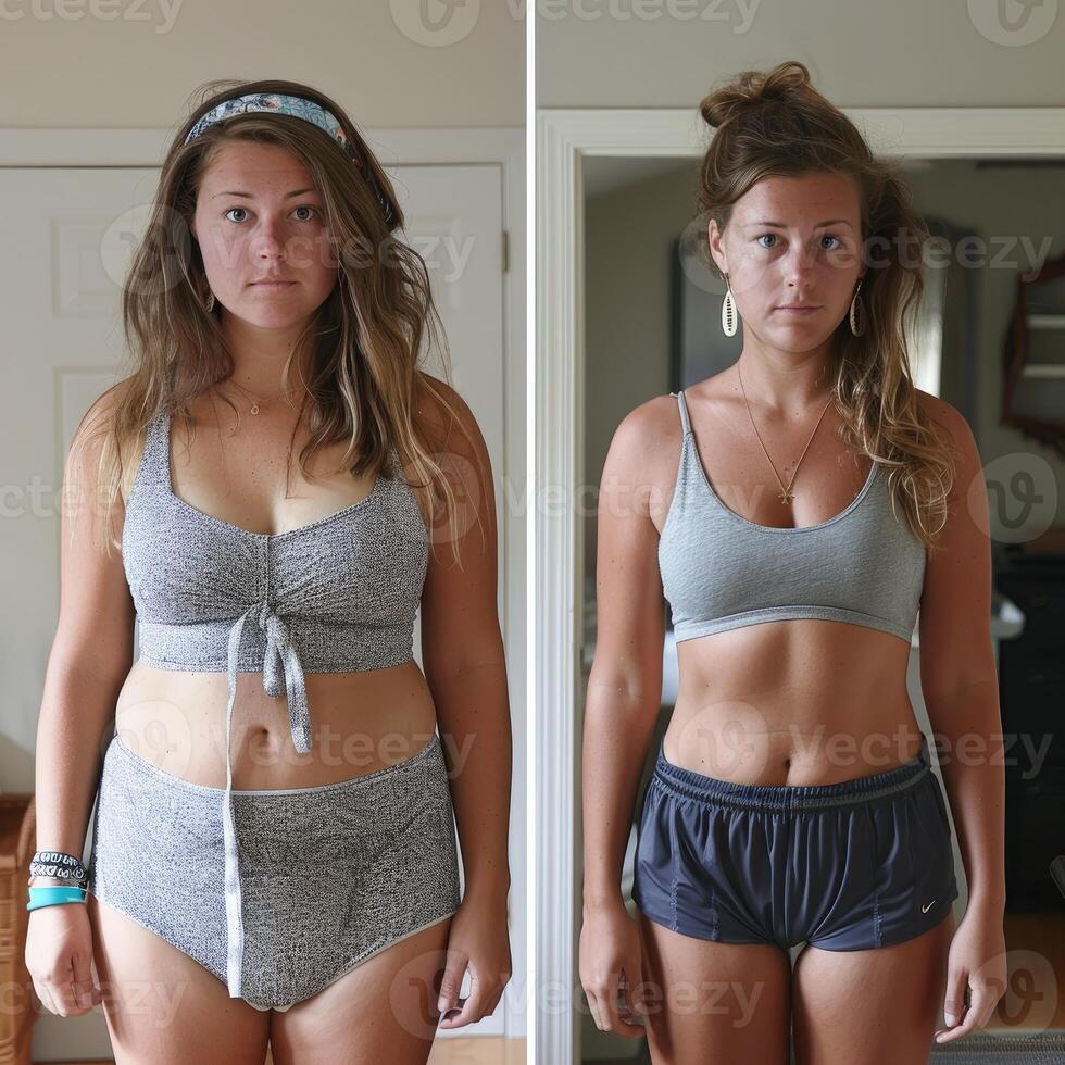 ai generiert Fett Frau Vor und nach Gewicht Verlust. Vor und nach Gewicht Verlust. foto