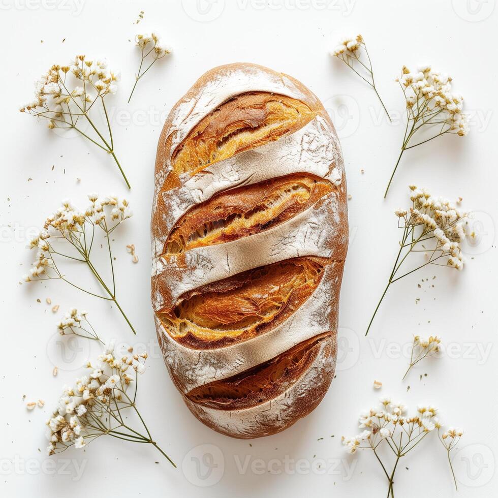 ai generiert frisch gebacken Brot mit Weiß Gypsophila Blumen auf Weiß Hintergrund foto