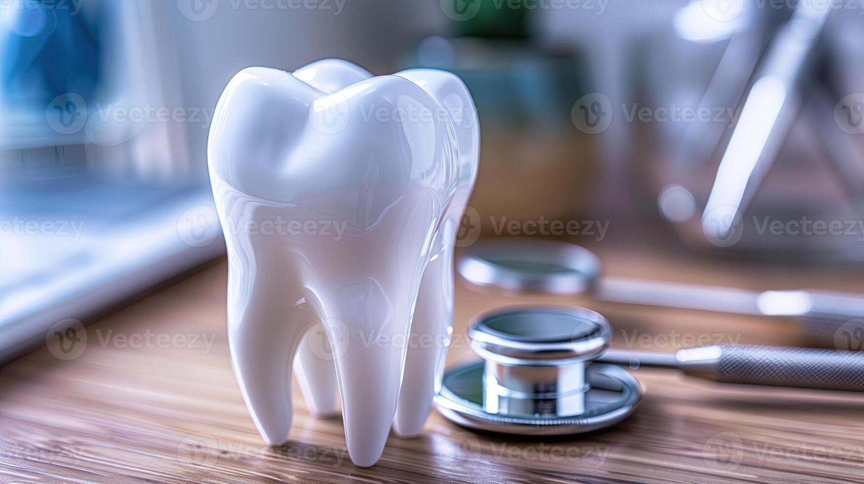 ai generiert Zahn Modell- und Stethoskop auf hölzern Tisch, Nahansicht foto
