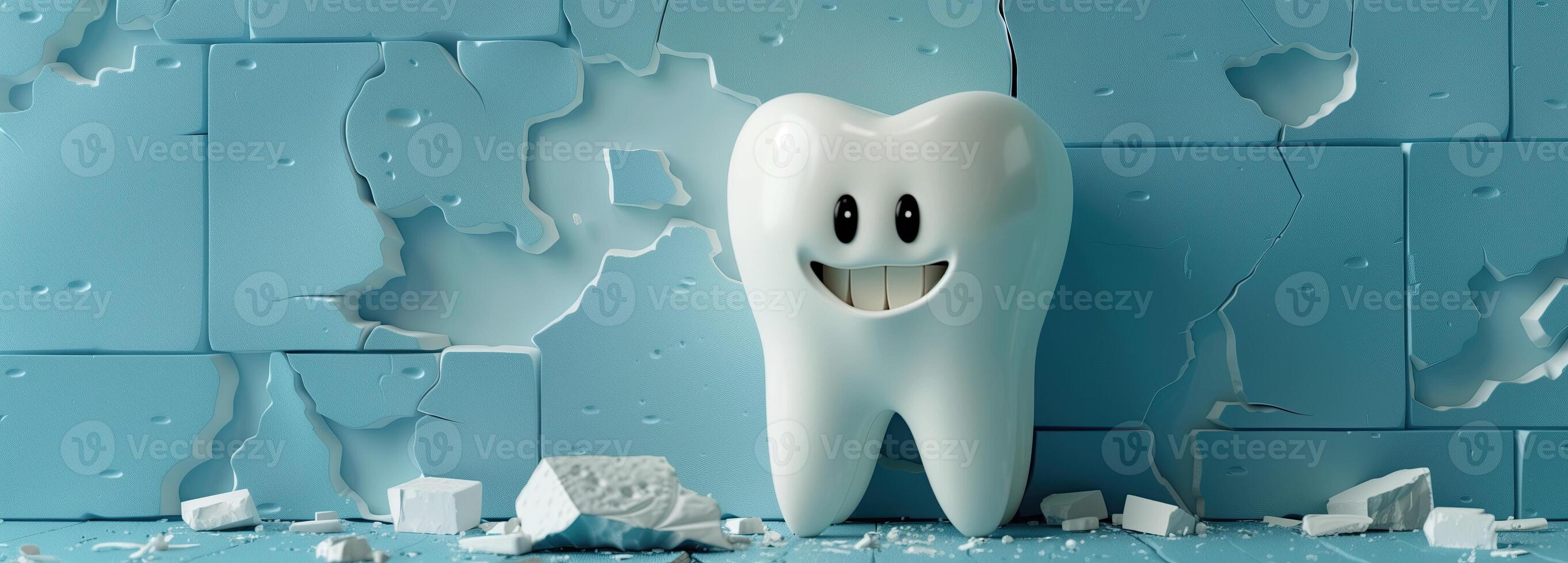 ai generiert Zahn mit gebrochen Zähne auf Blau Mauer Hintergrund. 3d Illustration, Kopieren Raum foto
