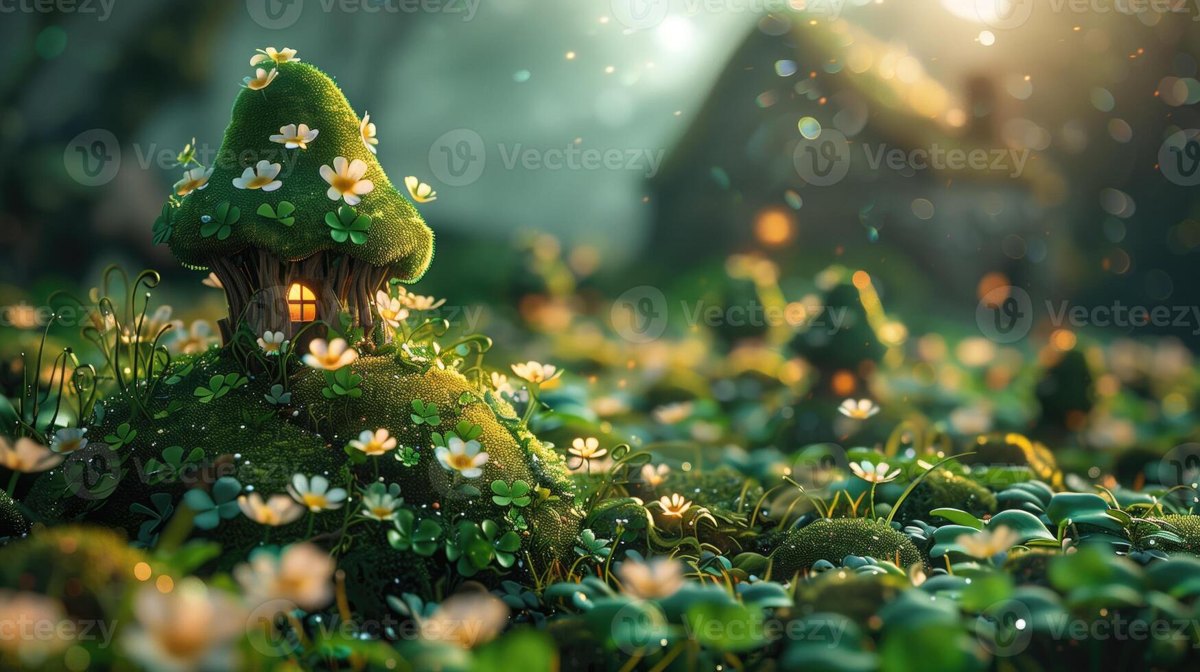 ai generiert wenig Grün Fee Kobold Haus auf Grün Moos mit Bokeh Beleuchtung. st. Patrick's Tag foto