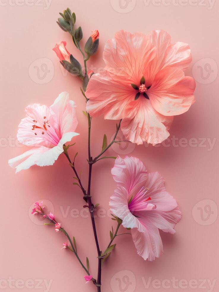 ai generiert Rosa Hibiskus Blumen auf Rosa Hintergrund. eben legen, oben Aussicht foto