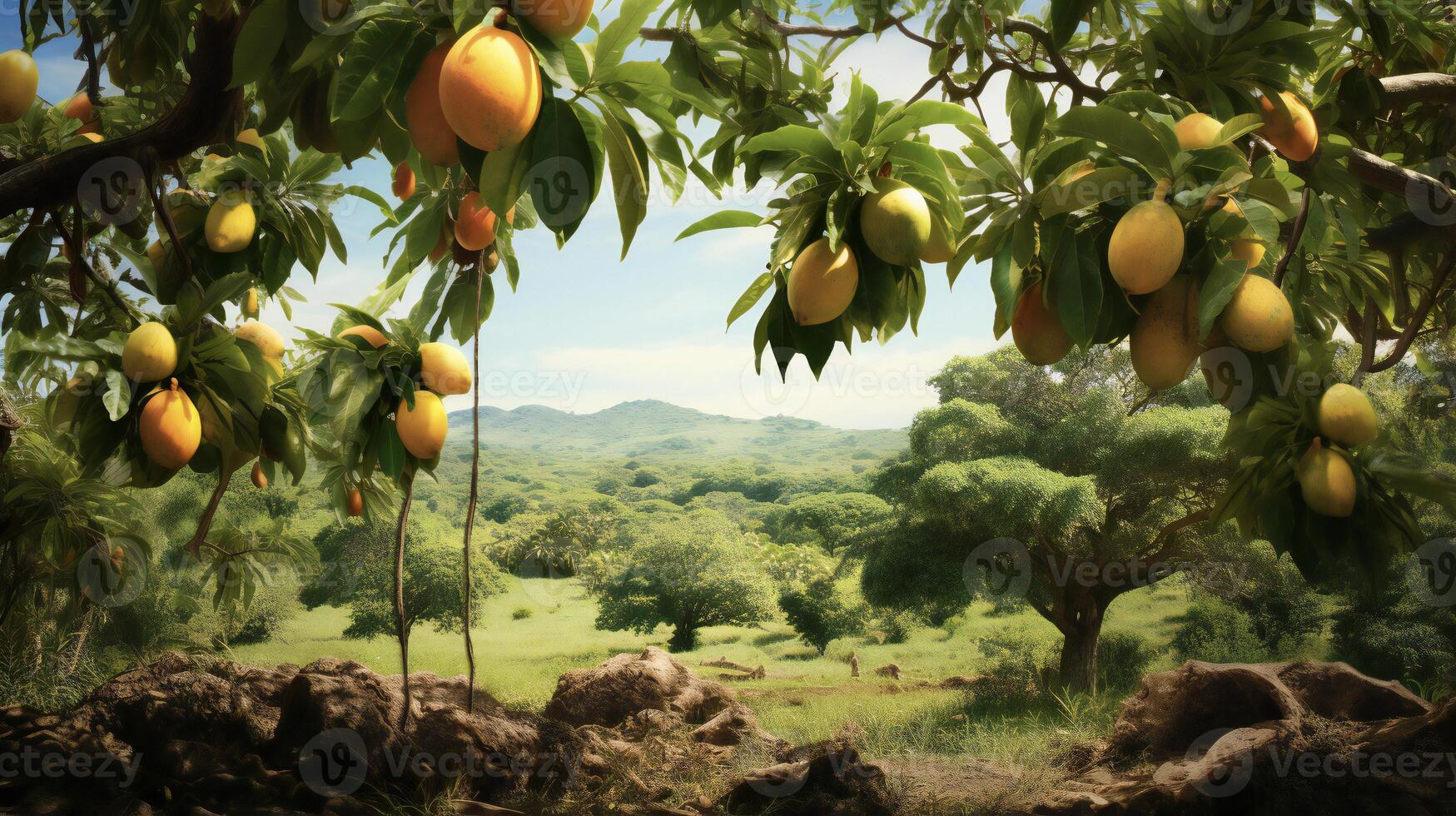 ai generiert Mango Baum im das Obstgarten foto