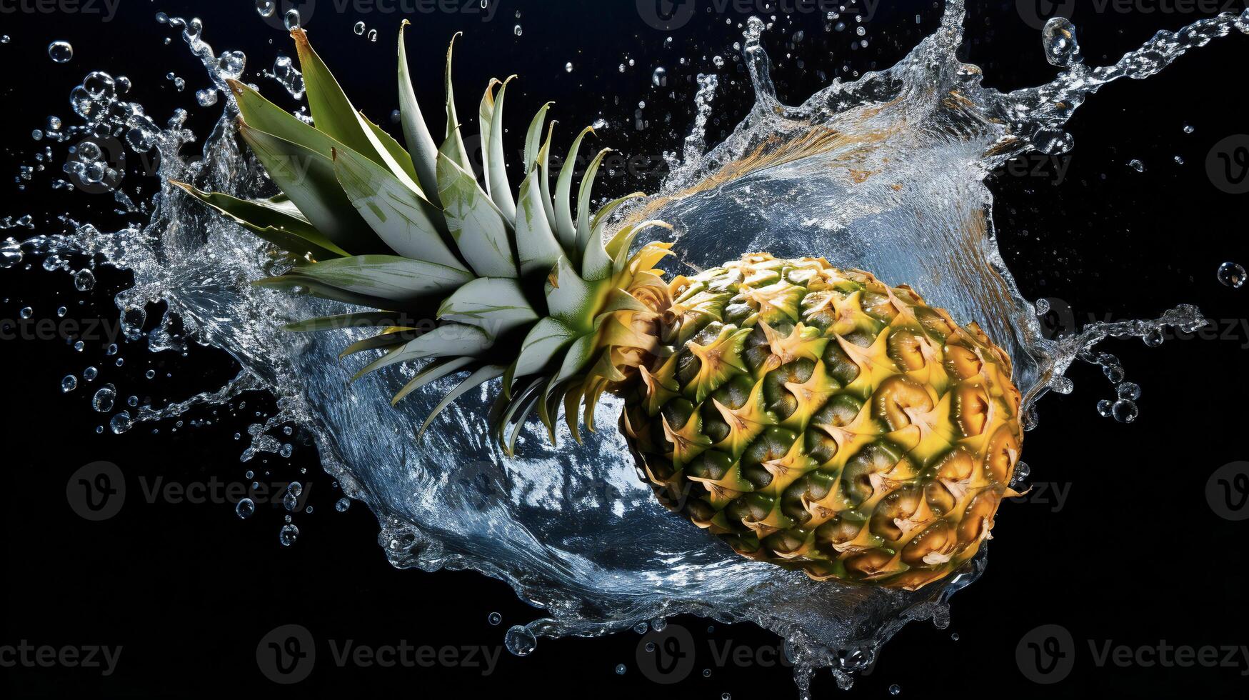 ai generiert ein Ananas ist planschen Wasser auf ein schwarz Hintergrund foto