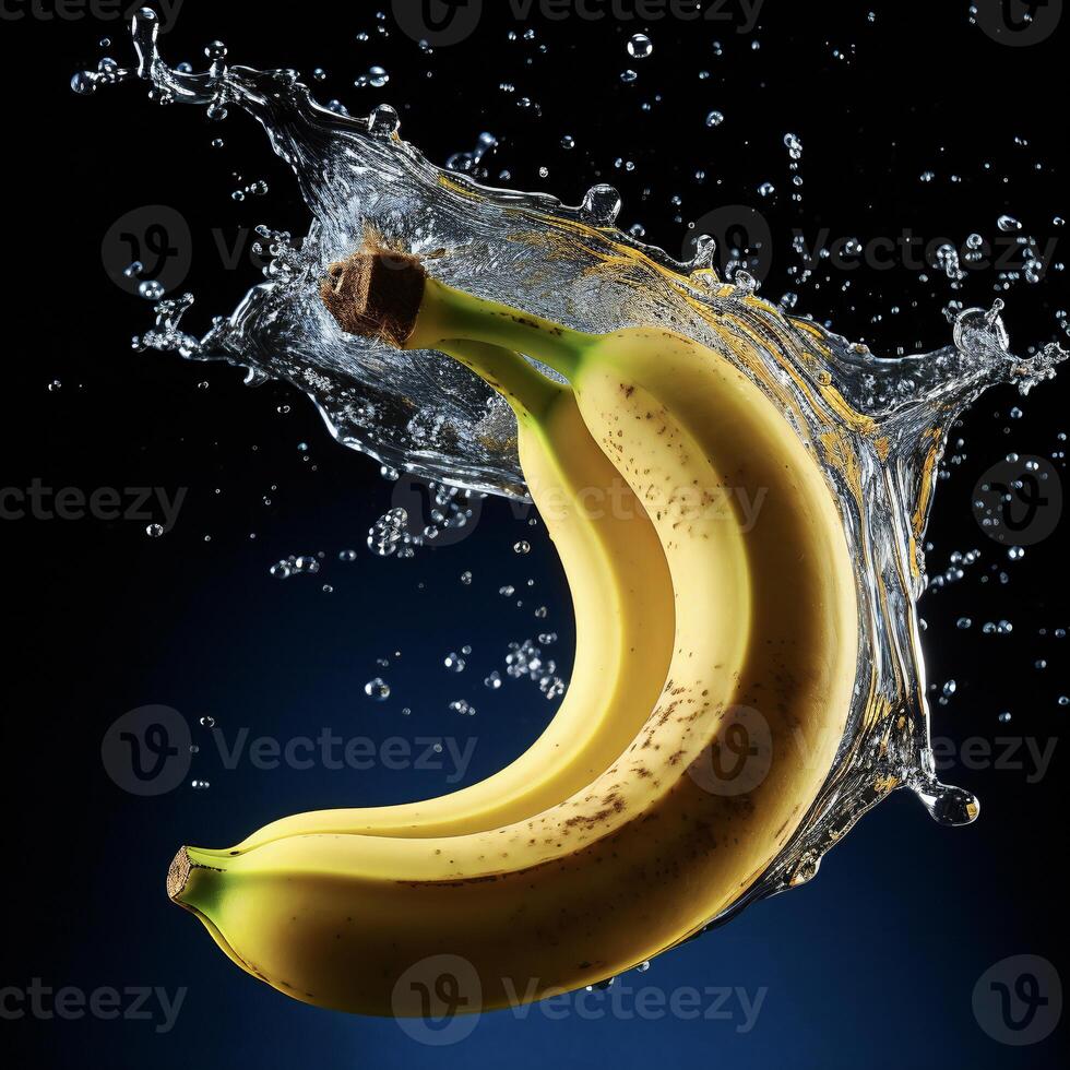 ai generiert Bananen sind Sein bespritzt mit Wasser auf ein schwarz Hintergrund foto