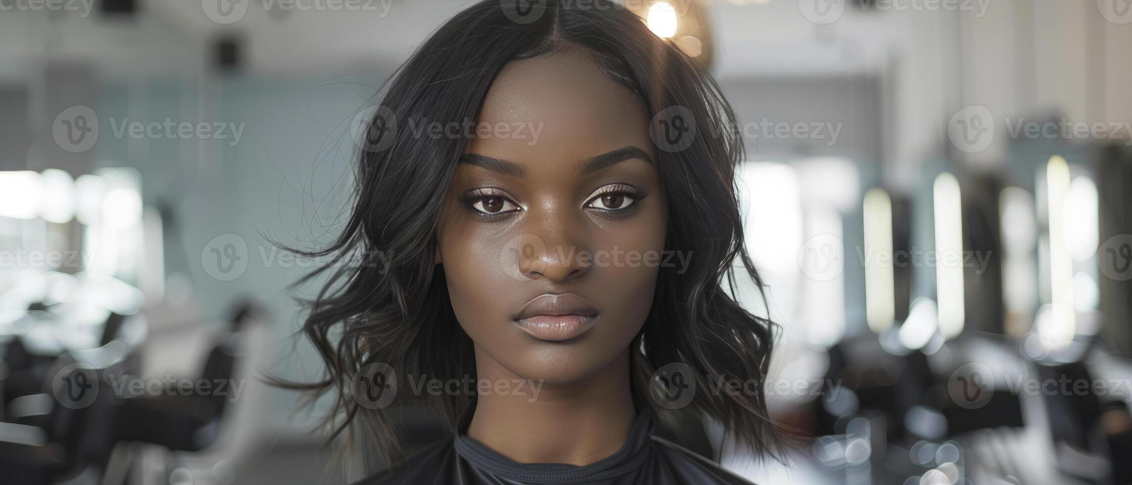 ai generiert afrikanisch amerikanisch Modell- Frau mit Gerade wellig Haar im ein modern Salon Innere foto