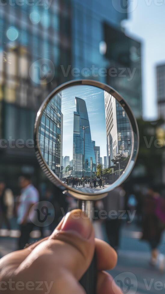 ai generiert ein modern Stadt Aussicht durch Vergrößerung Glas foto