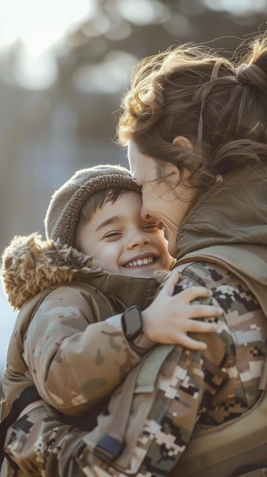 ai generiert ein uns Soldat Teilen ein herzlich Moment mit ihr Sohn, verkörpern Stärke und Liebe foto