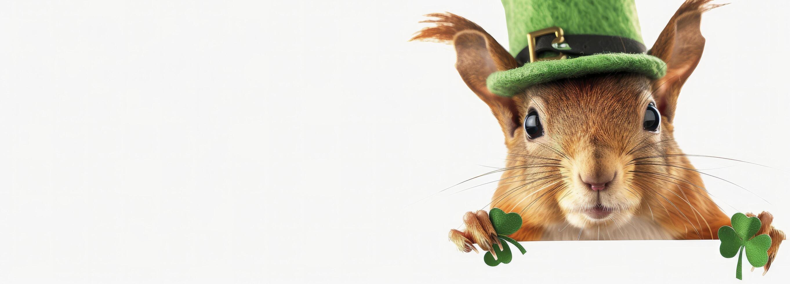 ai generiert süß glücklich Eichhörnchen tragen ein Glücklich Grün Hut und halten ein Banner. st Patrick's Tag Konzept foto