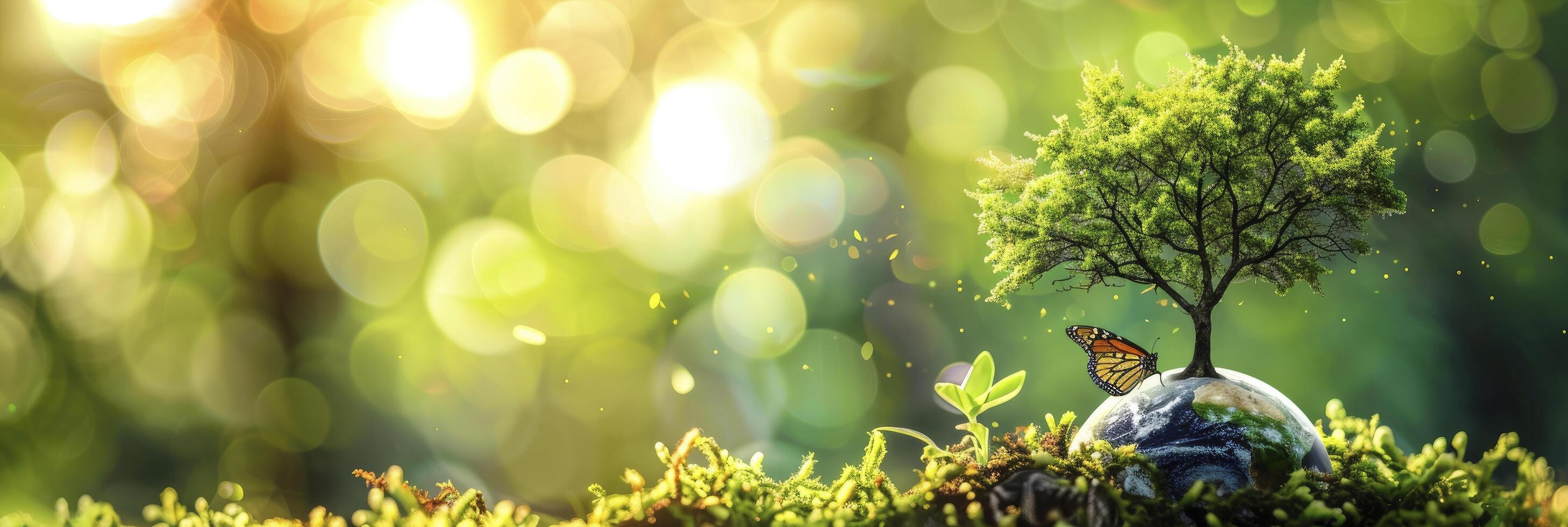 ai generiert Harmonie von Natur, Baum blühend auf Erde Oberfläche, inmitten üppig Grün Gras und Schmetterling. symbolisieren Welt Ökologie, Umgebung Tag, Erde Tag, und Umwelt Erhaltung. foto