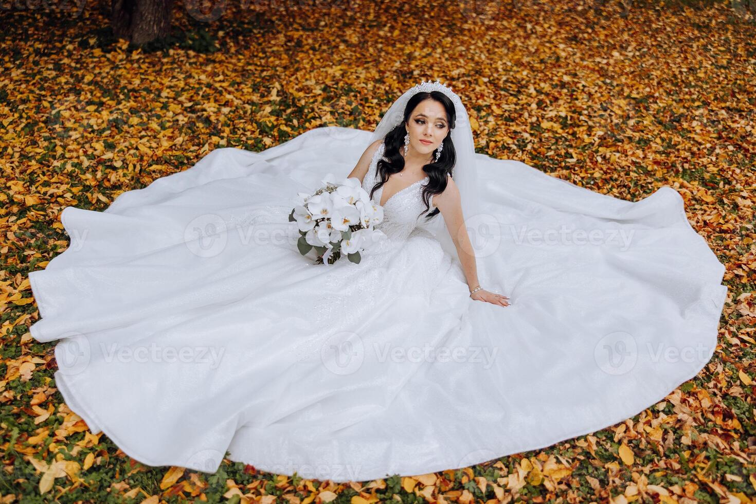 ein Brünette Braut im ein Schleier und ein Tiara im ihr Haar hält ein Strauß und sitzt auf ein Verbreitung Kleid im das gestalten von ein Kreis. auf ein Weiß Hintergrund. Herbst Blätter. Hochzeit Zeremonie foto