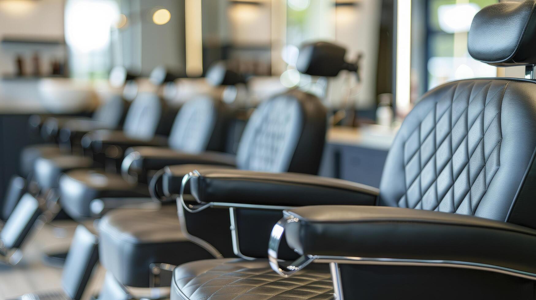 ai generiert modern Eleganz, komfortabel schwarz Leder Sessel schmücken das gemütlich und hell Innere von ein Schönheit Salon Friseur foto