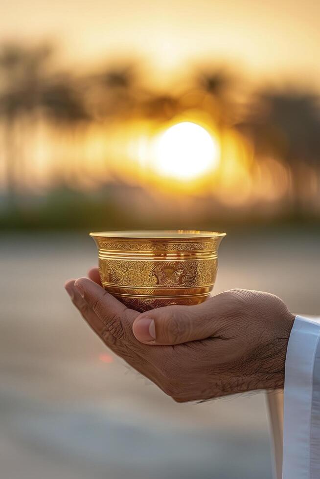 ai generiert Nahansicht Person halten ein klein arabisch Kaffee Tasse, eingetaucht im das Reich Aroma von Tradition foto