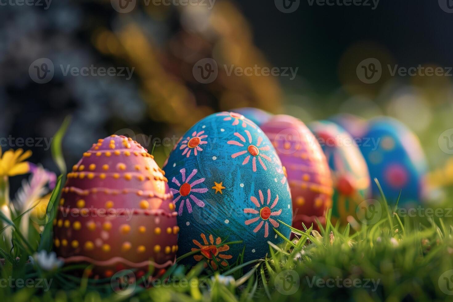 ai generiert bunt Ostern Eier dekoriert mit Muster ruhen auf beschwingt Frühling Gras inmitten Wildblumen, gebadet im Sonnenlicht foto