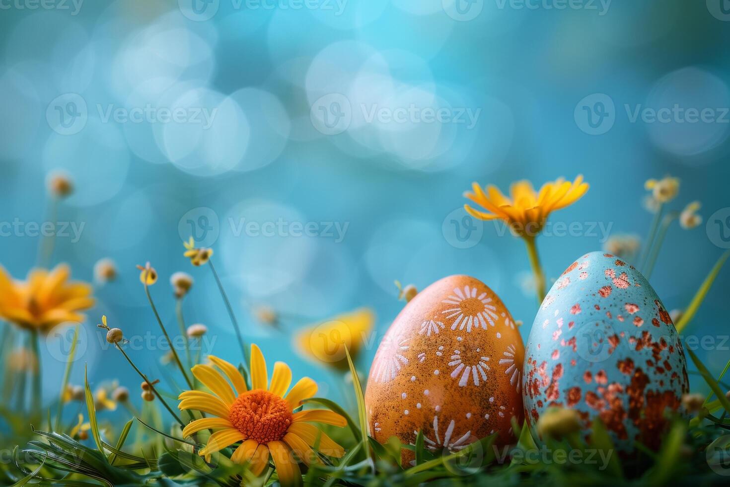ai generiert bunt Ostern Eier dekoriert mit Muster ruhen auf beschwingt Frühling Gras inmitten Wildblumen, gebadet im Sonnenlicht foto