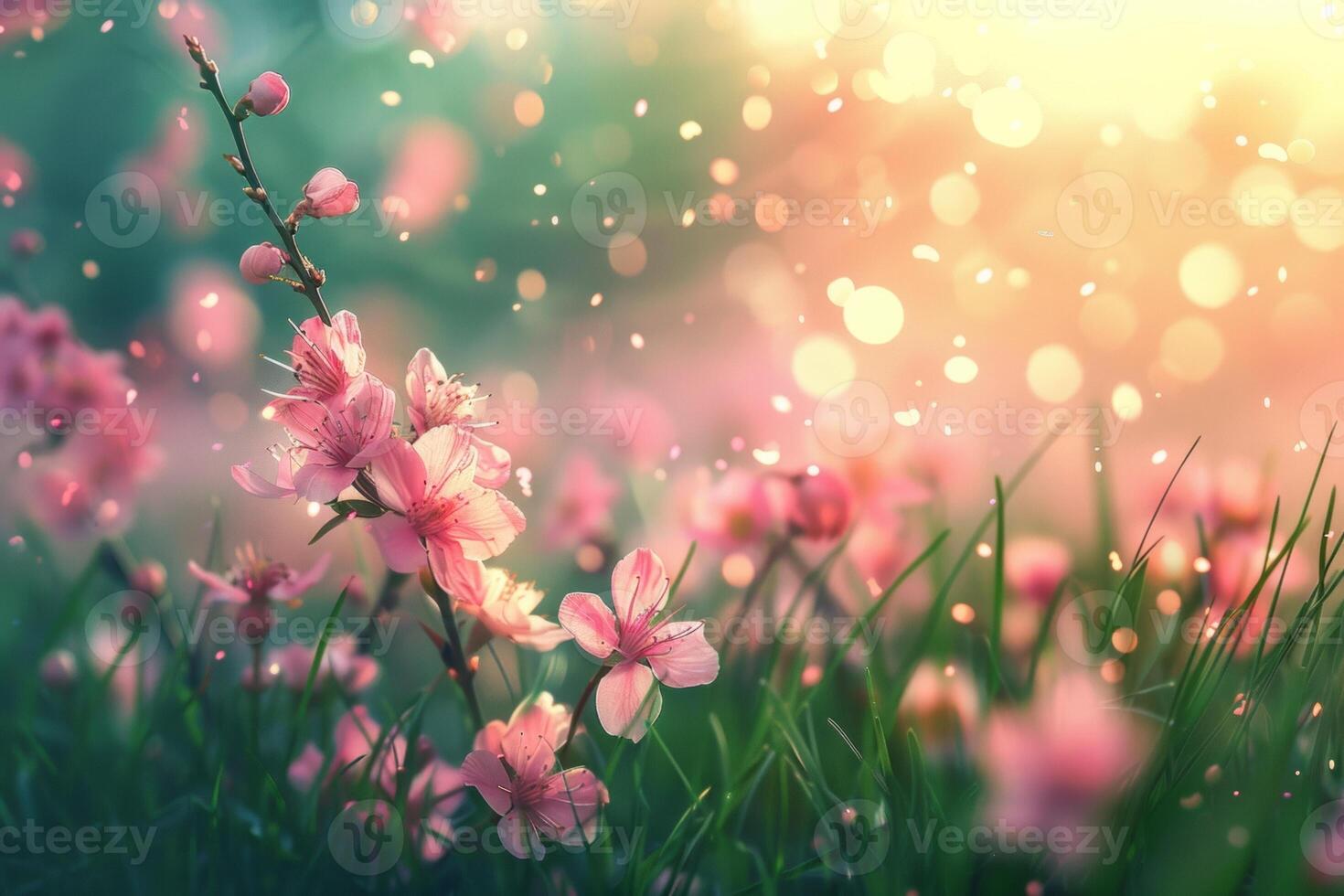 ai generiert üppig Blumen- Szenen präsentieren ein Vielfalt von Blüten im weich, strahlend Licht mit ein Bokeh Hintergrund foto